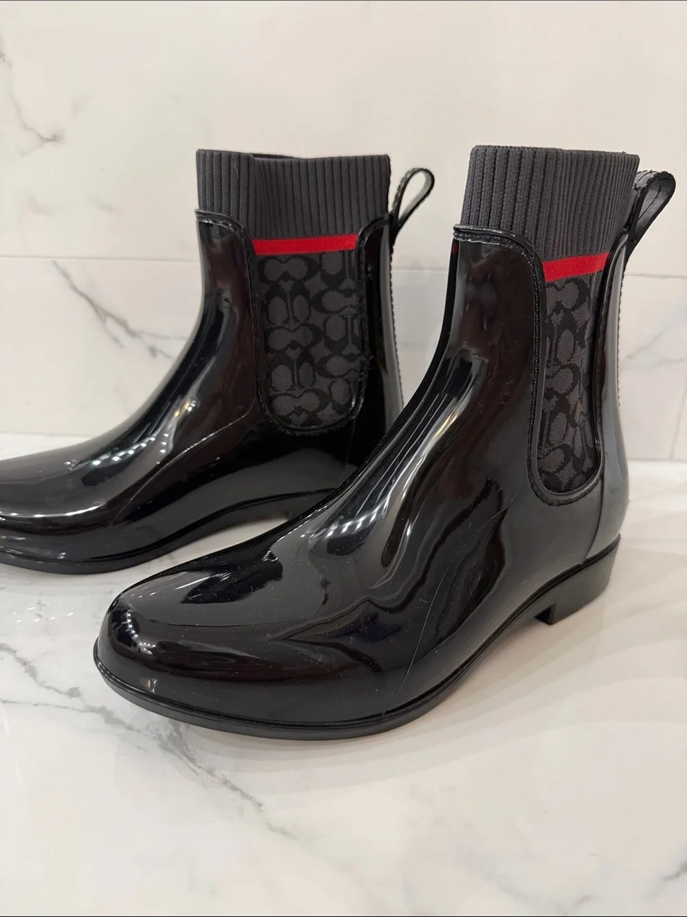 NWOT Coach Rivington Rubber Rain Boots Black Red Knit Logo Trim Size 7